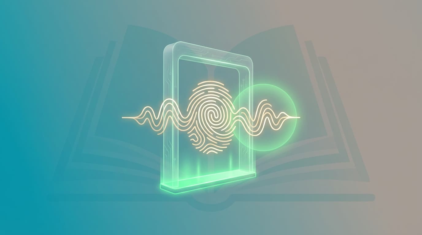 A fingerprint waveform passing through a digital scanner with a green result — representing authentic voice surviving AI detection