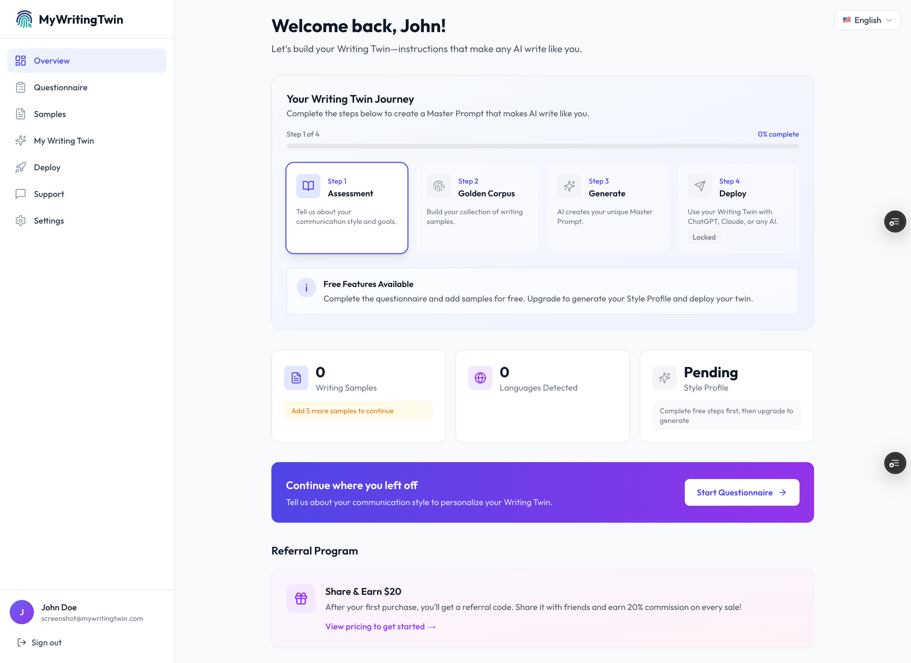 MyWritingTwin user dashboard